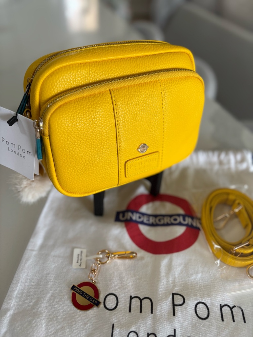 Pom Pom London Original Bag Circle Line Yellow strap keychain NWT